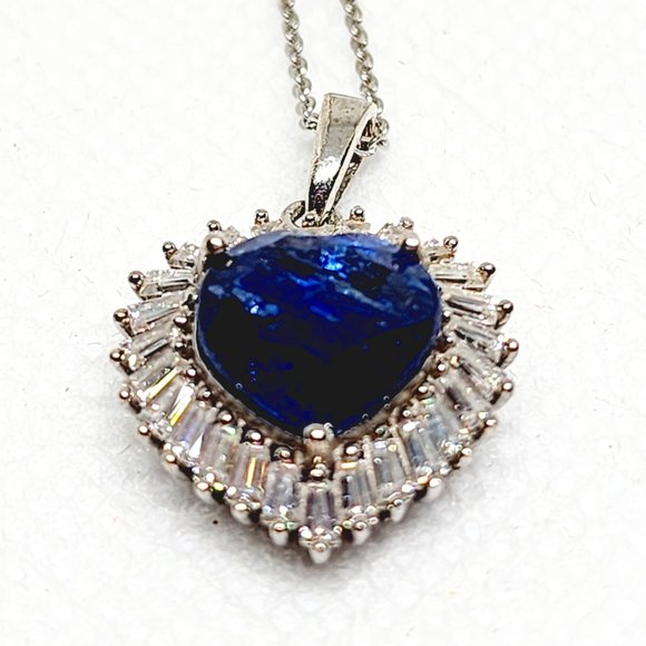 Kashmir Kyanite & Moissanite heart halo pendant 20 inch in Plat over SS 5.35 cts - Picture 4 of 5